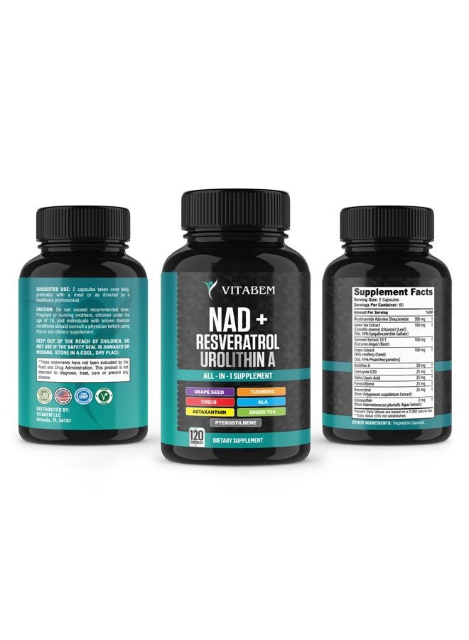 Vitabem NAD+ Supplement Complex – NAD Supplement+ 300 mg with Astaxanthin, Urolithin A, Resveratrol, CoQ10 & Antioxidant Blend – Cellular Energy, Mitochondrial Support – 120 Count (Pack of 1) - Image 3